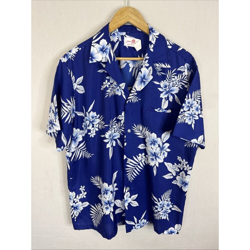 Vintage Island Fashions Hawaiian Shirt Mens L Blue Floral Made Hawaii USA